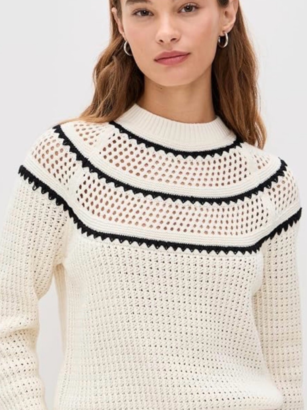 Varley Padbury Pointelle Cream Open-Knit Crew Sweater with Black Trim Large EUC